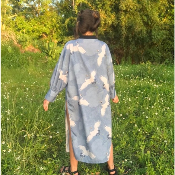 Vintage Japanese style crane print long side slit robe - Picture 11 of 11